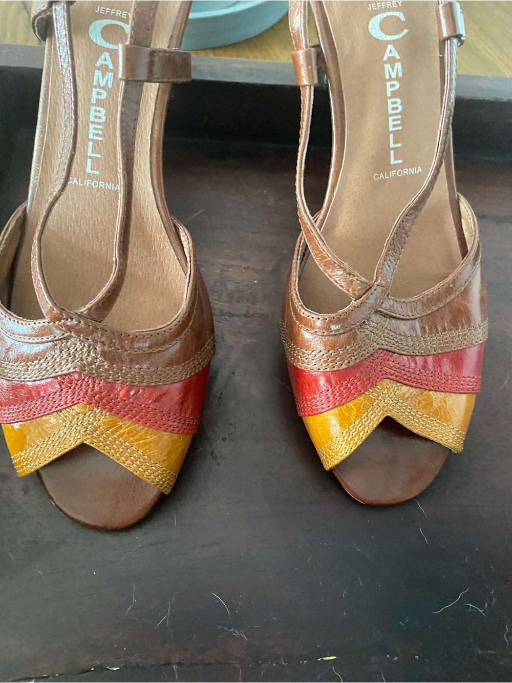 Jeffrey Campbell Brown Leather Slingback Sandals with Red & Yellow Chevron - Picture 2 of 6